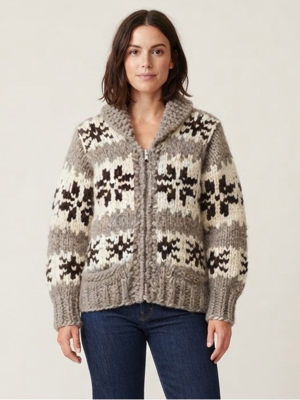 Handknit Sz S Wool Chunky Snowflake Holiday Cabin Cardigan Sweater